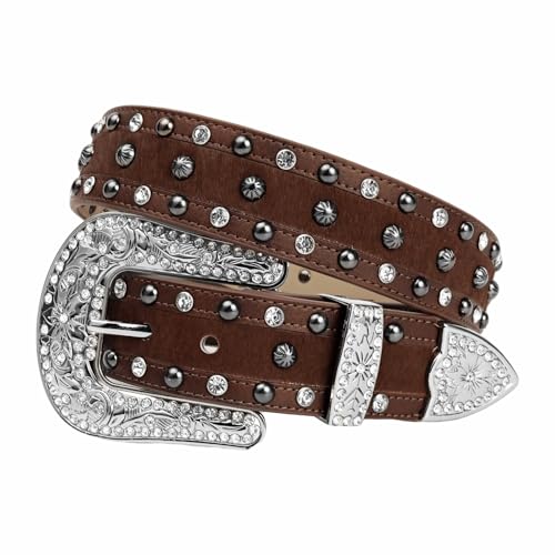 Women's Haircalf Leather Belt - Western Style with Floral Buckle & Studs for Jeans Pants