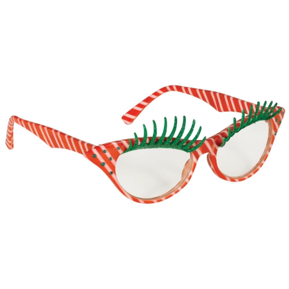 amscan 397685-55 - Candy Cane Glasses, Red/White/Green, Unisex, Fun Glasses with Stripes and Eyelashes, Santa Claus, Elf, Christmas Eve, Theme Party, Carnival, Fancy Dress