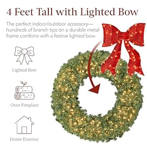Best choice products 48in large artificial pre lit fir christmas wreath holiday accent decoration for door mantel wred lighted bow 250 led lights 714 pvc tips power plug in  urban country home decor