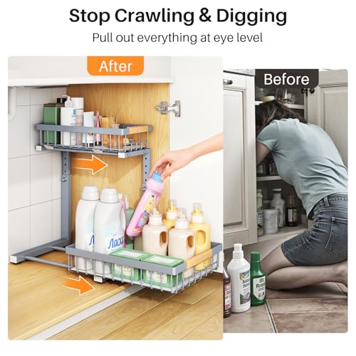 Image of PXRACK Under Sink Organizer, Adjustable Height, 2 Tier Pull Out Under Cabinet Organizer, Slide Out Thickened Metal Under Sink Storage for Kitchen Bathroom Laundry Pantry Cabinet, Grey, Large-1-Pack