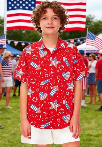 Image of 4th of July Shirts for Girls Boys American Patriotic Tshirt Kids Hawaiian Button Down Tops