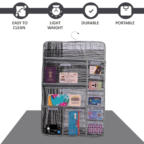 Image of Kuber Industries PVC Lining Design Multi Utility Hanger Organize for Document | 7 Small Pocket with 3 Zipper Hanger File Organize Aadhar | Grey & Black