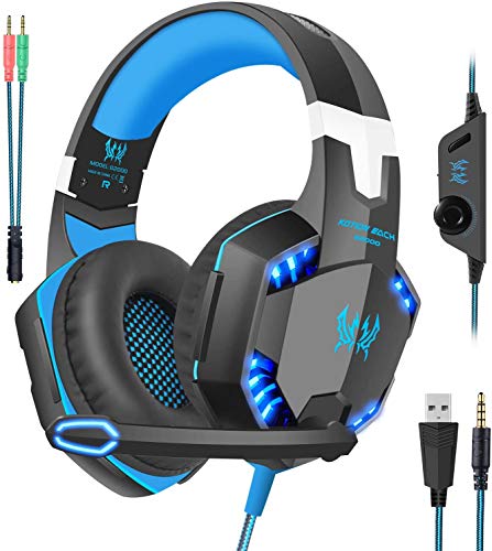 VersionTech Casque Gaming pour Xbox One PS4 PC, Casque Gamer USB Anti-Bruit avec Microphone, LED Limières, Surround Bass Stéréo pour Nintendo Switch, Nintendo 3DS (Bleu)
