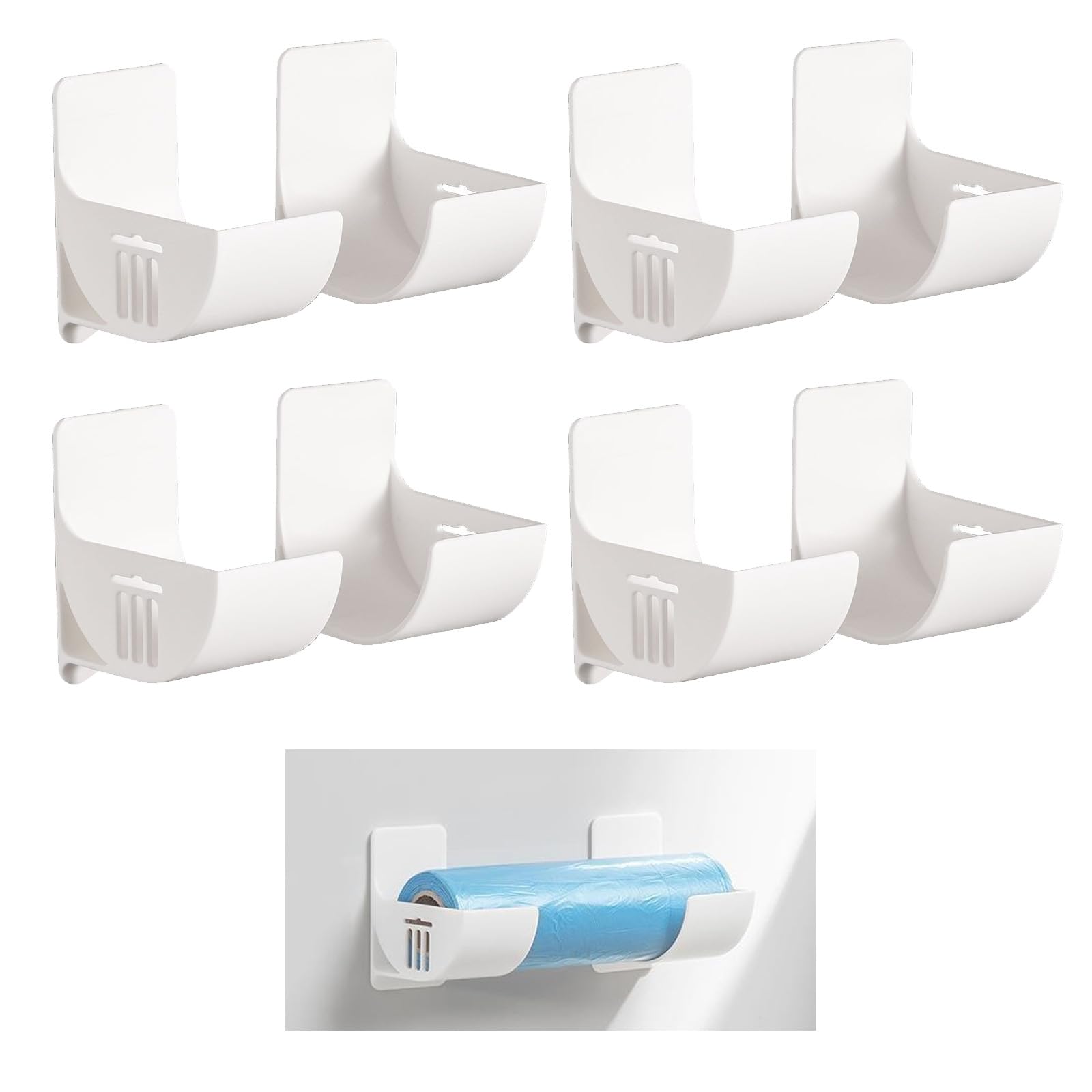 4 Pairs Bin Bag Holder Self-Adhesive Plastic Bag Holders Wall Mounted Kitchen Roll Holder Cupboard Door Storage Organiser No Punching Garbage Bag Dispenser for Tin Foil, Cling Film, Trash Bag (White)