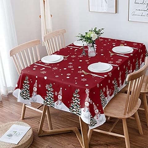 Rectangle Table Cloth 60x120 Inch Waterproof Spill Proof Tablecloth Soft Oli-proof Table Cloths for Parties Wedding Dining Room - Christmas Tablecloth Snowman and Christmas Tree Snowflake Texture Red Cover