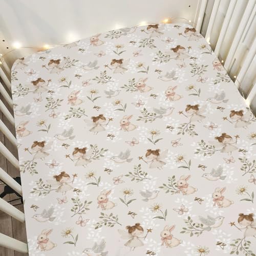 Image of Boho Fairies Baby Crib Sheets for Boy Girl 28"x52" Cute Girl Bunny Bird Daisy Leaves Soft Stretchy Fitted Crib Mattress Cover Spring Garden Baby Sheet for Standard Crib and Toddler Bed Mattress