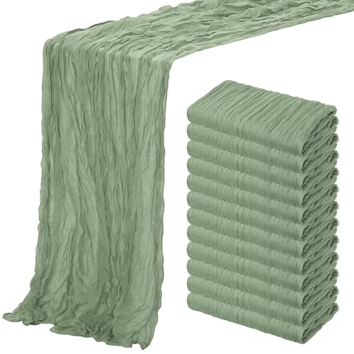 Aktor 12 Pack Sage Green Cheesecloth Table Runner 10Ft Gauze Table Runner Boho Semi Sheer Cheese Cloth Fabric Runners for Wedding Birthday Baby Shower Party Table Decoration(Sage Green) by Aktor - Used condition - US$23.52