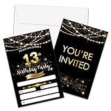 13th Birthday Invitations with Envelopes - Black Gold Glitter Fill-in Invites Cards - Surprise Birthday Party Invitation Card for Girls/Boys - Kids Birthday Party Favors Supplies Decorations (20 Pack)