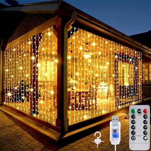 Winever Window Curtain String Lights Remote Control Decorative Hanging String Light Window Wall Hanging String Lights for Thanksgiving Christmas Outdoor Indoor Backdrop Decor 8 Modes (Warm White)