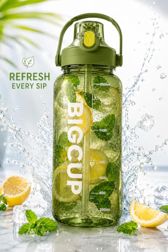 Image of Plastic Big Water Bottle 2.6 Liter with Straw Clear Motivational Time Marker Drink XL Jug with Handle for Sports Gym-Black (GREEN)
