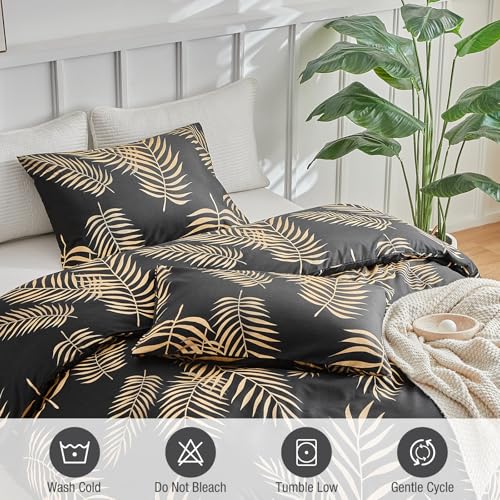 Image of Lekesky Queen Duvet Cover Set, Black and Gold Tropical Palm Leaf Pattern Comforter Cover Queen Size, 3 Pieces Soft Microfiber Bedding Sets with Zipper & 2 Pillowcases, Comforter Not Included