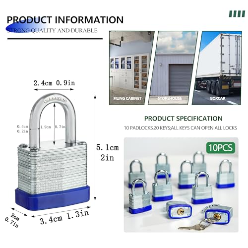 Image of 10 Pack Pad Locks with Same Key, Heavy Duty Keyed Alike Locks | Same Key Convenience, 10 Locks Share Keys, Durable Steel Body for Storage, Gates, Garages and Outdoor Use