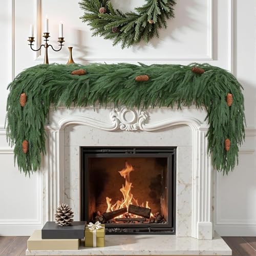 SHareconn 9FT Realistic Norfolk Pine Garland with Pine Cones, 100% PE Artificial Christmas Garland, Real Touch Mantle Stairs Fireplace Xmas Decorations, Indoor and outdoor Xmas Decor, Green