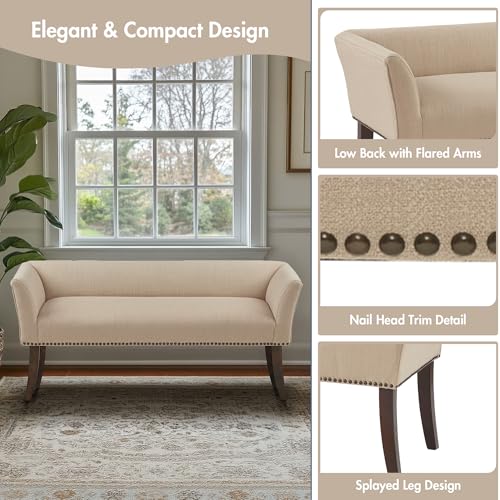 Image of Madison Park Accent Bench, Upholstered with Nailhead Trim, & Padded Seat Entryway Bench Small, End of Bed Bench with Back, 49.5 inch W x 19.25 inch D x 23 inch H, Tan