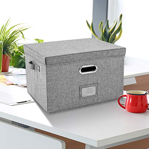 Decosis File Storage Organizer Box with Lid for Office, Collapsible Linen Organization with Hanging Folder for Home, Document Storage with Handles for School, Grey