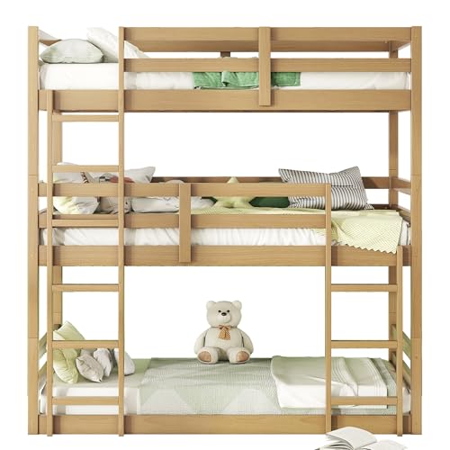 Zifone Triple Twin Bunk Bed, Rubber Wood, Twin Over Twin