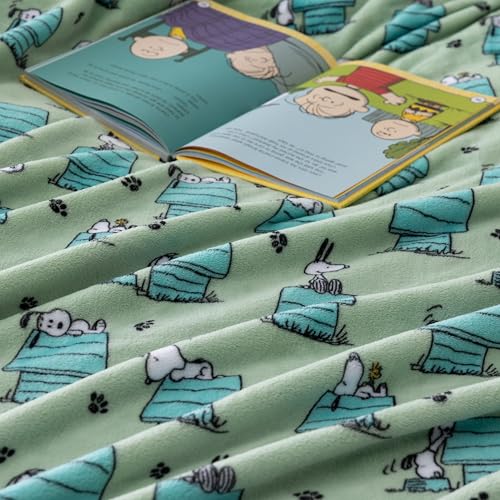 Image of Berkshire Peanuts VelvetLoft Cute Character Snoopy Plush Blanket,Regular Snoopy Dog House Poses & Paws Closed in Sage,Full /Queen 90 in x 90 in (Official Peanuts Product)