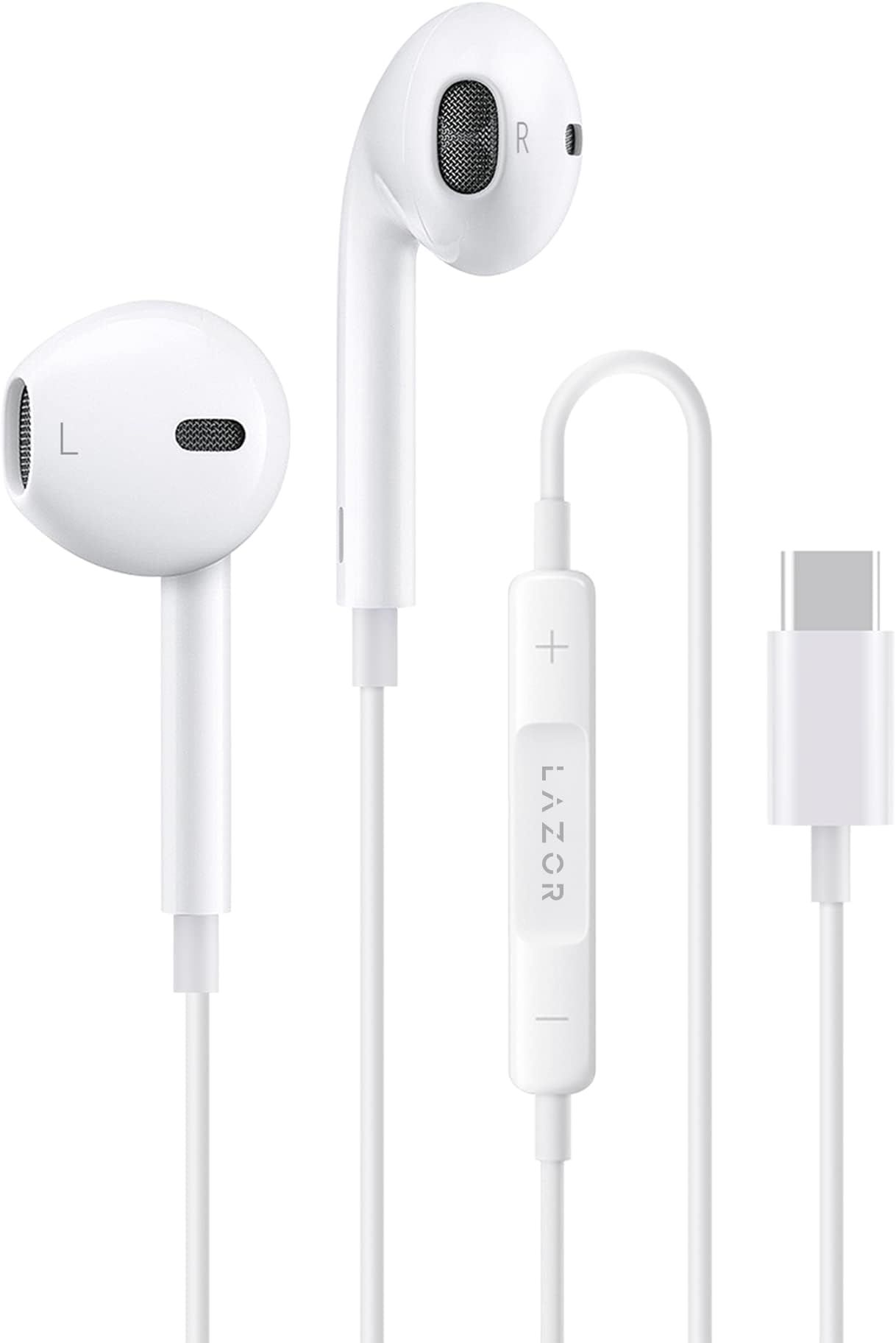 LAZOR MYSTIC EA130 TYPE-C Wired Headphones,with Microphone, HiFi Stereo Sound Headphone In-Line Control Soft PVC with Audio digital decoding IC, Multifuncttion button, White,1.2M