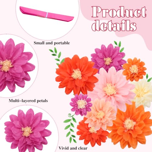 Image of Geyee 18 Pcs Mexican Paper Flowers Colorful Fiesta Tissue Paper Flowers Pom Poms Mexican Carnival for Floral Party Backdrop Wedding Birthday Party Craft (Pink Orange Series,6 inch 8 inch 10 inch)