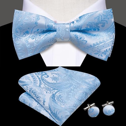 Image of Hi-Tie Bow Tie Men Pre Tied Bowtie Pocket Square Cufflinks Lapel Pin Formal Wedding Bow Ties for Men Party Tuxedo Bowtie Set,Baby Blue Paisley Floral