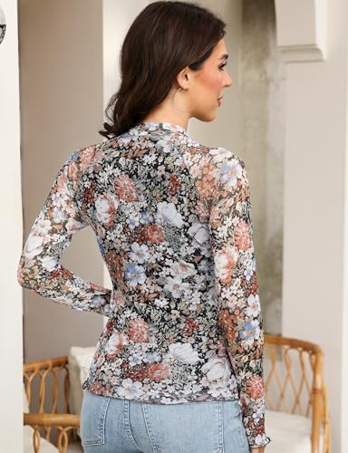 Buauty Lace Mesh Long Sleeve Tops Mock Neck Floral Going Out Tops for Women Trendy Double Lined Outfits Date Night Outfits4