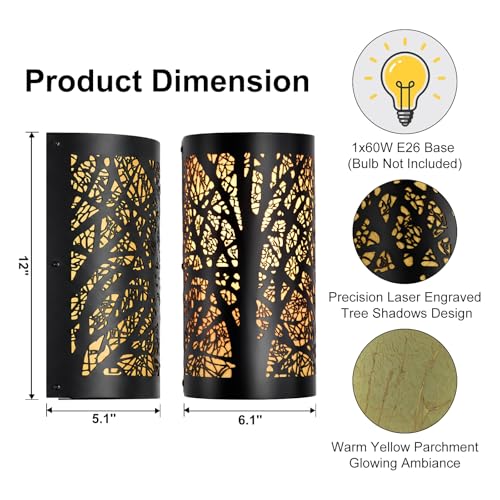 Image of Farmhouse Wall Sconces Set of 2, Hardwired Rustic Black Metal Tree Branch Vintage Wall Lights with Warm Yellow Parchment Shades, 1-Light E26 for Bedroom Bathroom Hallway