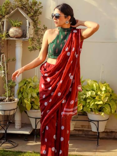 Image of Sidhidata Women's Polka Dot Printed Linen Cotton Saree With Unstitched Blouse Piece (Laddu Free Size)