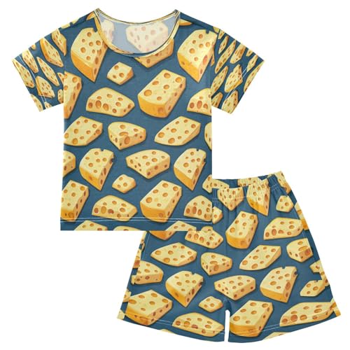 Pajama Sets Short Sleeve Cheese Cubes on Blue Soft Cotton Summer Sleepwear 2 Piece PJS Size 5-14T
