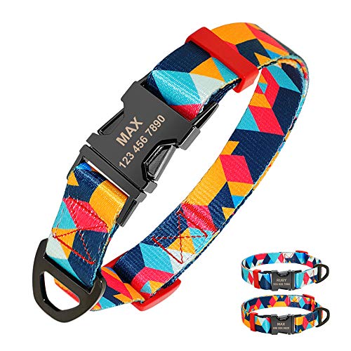 Beirui Collier pour Chien personnalisé en Nylon avec Boucle en métal gravé Motif géométrique personnalisé avec Plaque nominale - Collier réglable pour Chiens de Petite Taille Moyenne et Grande Taille Cover