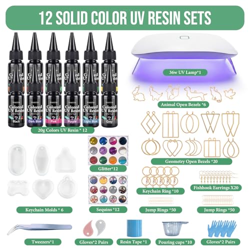 Image of UV Resin Jewelry Making Kit,12 Colors 240g Crystal Resin,Fast Curing Odorless & Colored UV Resin Kit with Light and Molds, DIY Jewelry Making Kit, Resina Starter Kits for Keychain and Earring