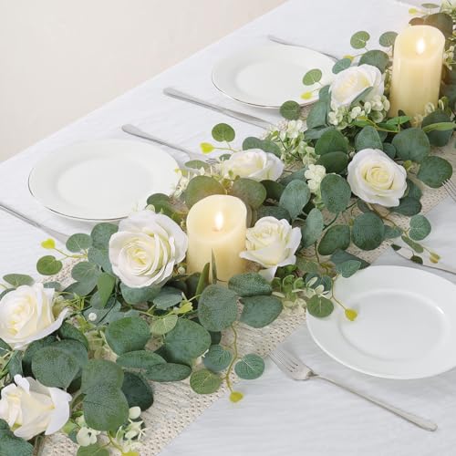 Dremisland 2PCS/12 FT Artificial Eucalyptus Flower Garland Spring Decor White Rose Fake Flowers Outdoor Greenery Fake Eucalyptus Garland Hanging Wisteria Faux Vines for Wedding Table Runner Backdrop - Image 2