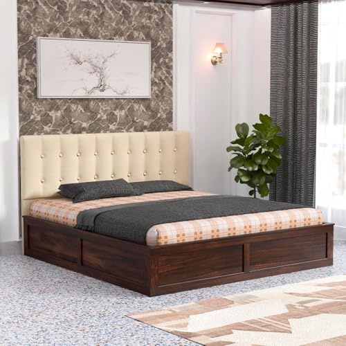 Image of Sheesham Wood Queen Size Bed with Storage Box | Upholstered Beds | Platform Cot with Cushioned Headboard | Double Bed for Home | Recommended Mattress 78x60 Inch | Cream & Walnut Finish