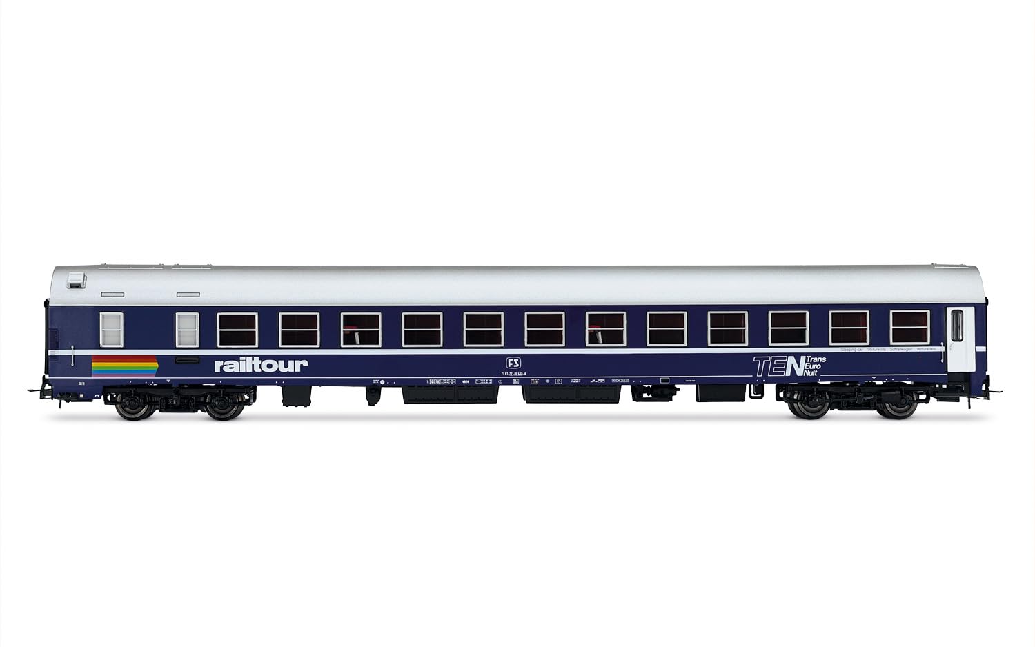 Rivarossi HR4399 FS, Schlafwagen MU '73 in Ten-Lackierung, Aluminiumdach, abgerundetes FS-Logo + „Railtour“-Logo, Ep. IV-Personenwagen, Blau