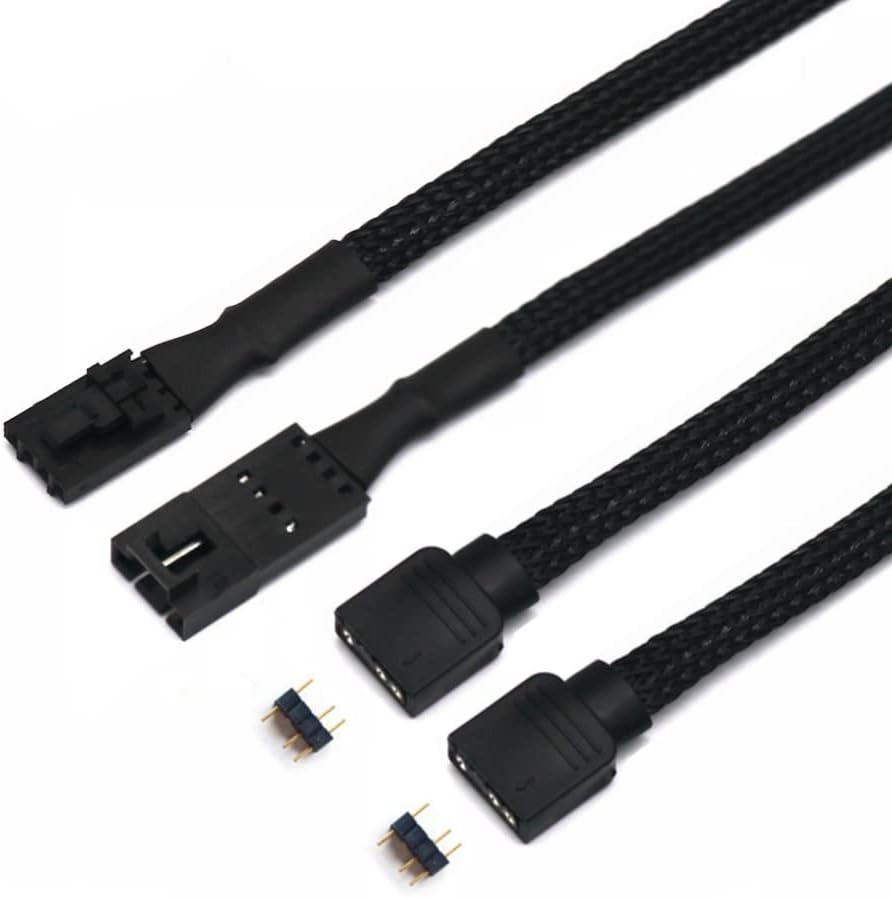 for 2pcs / lot Corsair Fan RGB ARGB Adapter Cable with Black PET Sleeved HD LL120 140 QL 3Pin 4Pin Fan to 5V 3Pin RGB LED Cable 50cm (RGB-4Pin Female and Male)