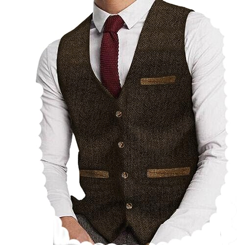 Yiaisafa Giubbotto da uomo in tweed, gilet da caccia a spina di pesce, vintage, in lana, per matrimonio, per lo sposo, taglia S-3XL, marrone, L