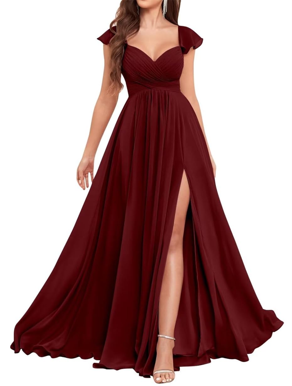 Ruffle Chiffon Bridesmaid Dresses for Wedding V Neck Prom Dresses Cap Sleeve Formal Evening Gown with Slit