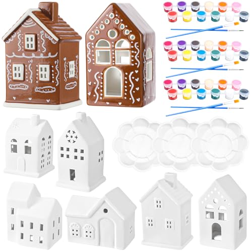 Beeveer Set of 6 Ceramic Christmas Village House Paint Craft Kit Blank...