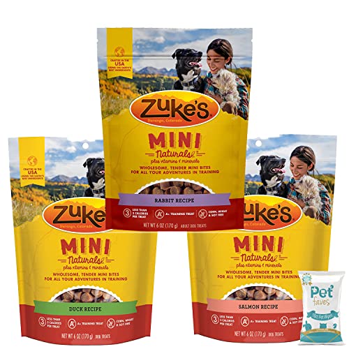 (3 Pack) Zuke Mini Naturals 3 Flavors Combo of Dog Treats - ( Wild Rabbit, Delicious Duck, Savory Salmon) - 6 oz Each with 10ct Pet Wipes