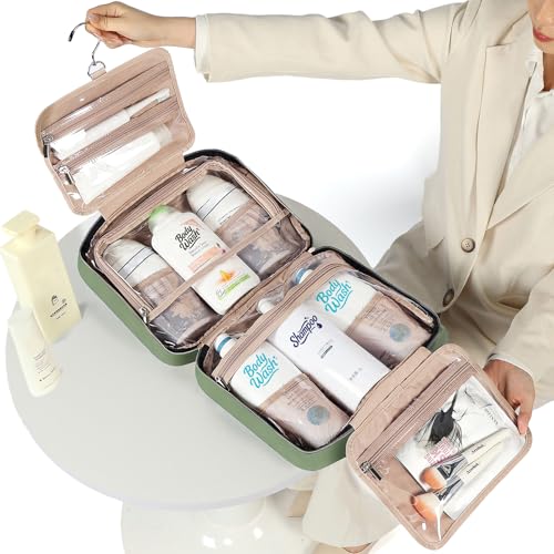 Image of NISHEL Travel Toiletry Bag for women, Portable Hanging Organizer for Family-Sized Shampoo, Conditioner, Brushes Set, Makeup Accessories, Extra Large Size, Green
