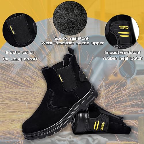 Image of Steel Toe Work Boots for Men Slip-on Welding Work Shoes | Slip Resistant, Safety Toe Boots for Men for Industrial Construction, Warehouse