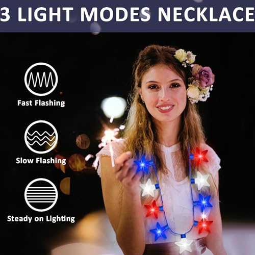 Image of EOBOH 4th of July Light up Necklace, 12PCS Glow Independence Day Necklaces Party Favor, Red White Blue Patriotic Fourth of July 9 Bulbs Necklace, Glow Accessories for Memorial Day Veterans Parades