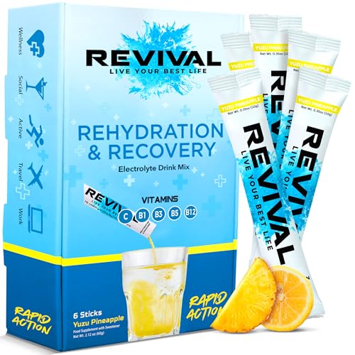 Revival Rapid Rehydration Electrolytes Powder - High Strength Vitamin C B1 B3 B5 B12 Supplement Sachet Drink Effervescent Electrolyte Hydration Tablets 6 Pack Yuzu Pineapple Flavours