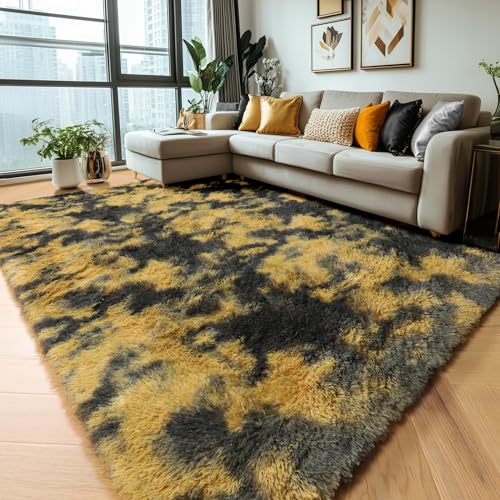 Amdrebio Black Gold Yellow Grey Rugs for Living Room Bedroom Decor, 8x10 Large Fluffy Furry Fuzzy Area Rug for Kids Room Dorm Home Office, Modern Cool Leopard Cheetah Big Carpet for Teen Boys Men