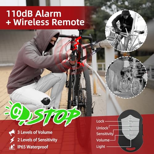 BANGTING 4FT Smart Alarm Bike Lock - 110dB Remote-Controlled Siren & 8mm Anti-Theft Chain with Key for Bicycle, E-Bike, Scooter, Motorcycle (Black) - Thumbnail 2