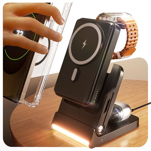 Foldable Charging Station for Samsung,5 in 1 Magnetic Wireless Charger 10000mAh Detachable Portable Power Bank Nightstand Compatible for Galaxy S25 Edge/Z Fold/Flip 7/S25/S24/S23,Galaxy Watch8,Bud