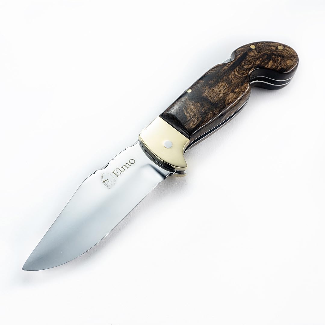 elmo Sorocaba Folding Lock-Back Knife, Brass Bolsters, Brazilian Noble Wood Handle, 4? 420HC Blade With Leather Sheath.