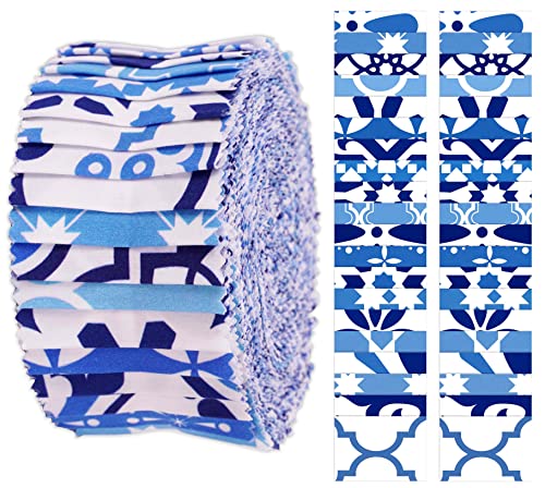 Soimoi 40Pcs Mosaic Print Cotton Precut Fabrics for Quilting Craft Strips 2.5x42inches Jelly Roll - Medium Blue