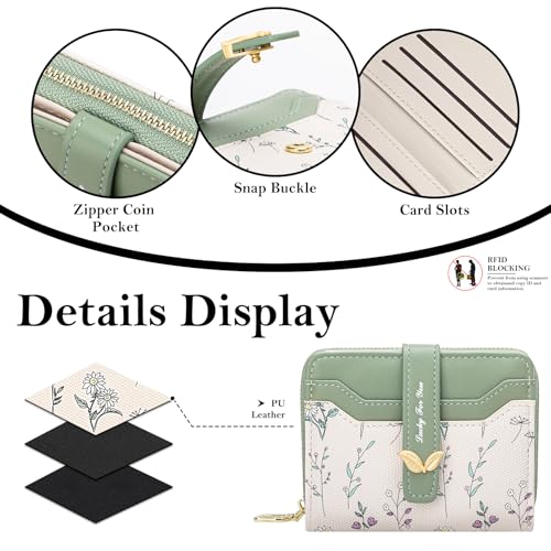 Image of BIAOTIE Wallet for Women Cute Floral Flower Wallet RFID Credit Card Holder Purse Small Bifold Zipper Coin Pocket Purse with ID Windows (Green Fl)