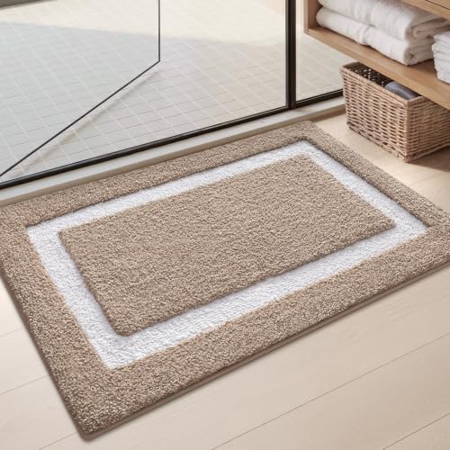Image of Color&Geometry Extra Soft Bathroom Rugs 30x20, Absorbent Microfiber Bath Rug, Non-Slip Bathroom mat, Washable Plush Bath Mats for Bathroom, Shower, Bathtub, Laundry, Khaki White