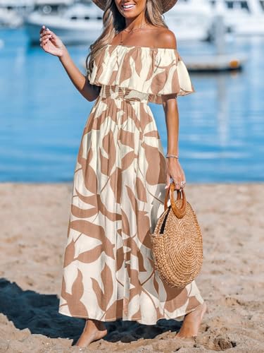 Image of CUPSHE Women Ruffle Floral Maxi Summer Dress Off Shoulder Short Sleeve Backless Flounce Bodice Slit Hem Beach Dresses